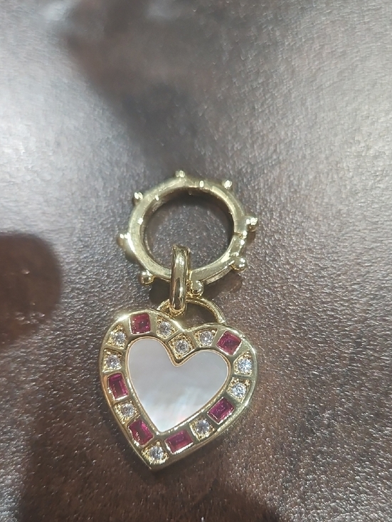 Jewelry - Gold Heart Pendant Charm with White Mother-of-Pearl and Pink Stones